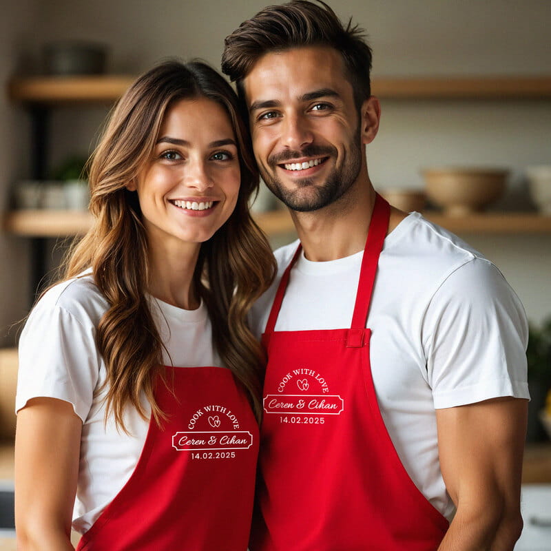 İlk Malzeme Sevgi Baskılı Mutfak Önlüğü