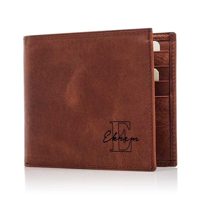 İsim ve Harf Tasarımlı Vintage Erkek Cüzdan - Hakiki Deri