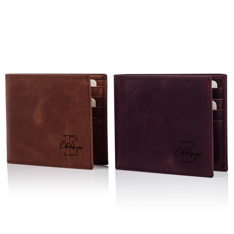 İsim ve Harf Tasarımlı Vintage Erkek Cüzdan - Hakiki Deri