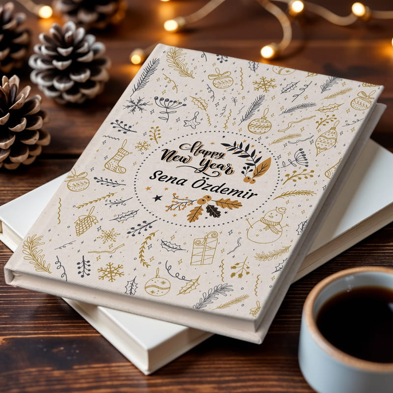 İsim Yazılı Yeni Yıl Tasarımlı Kanvas Defter