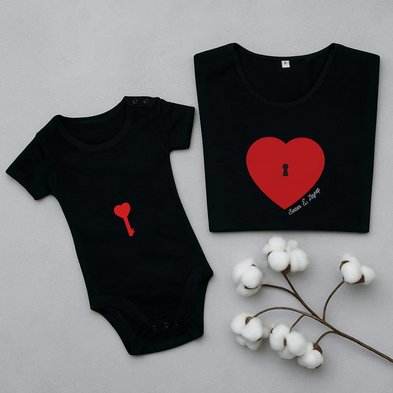 Kalbimin Anahtarı Tasarımlı Anne Çocuk Tişört Body Kombini  - %100 Pamuklu Kumaş