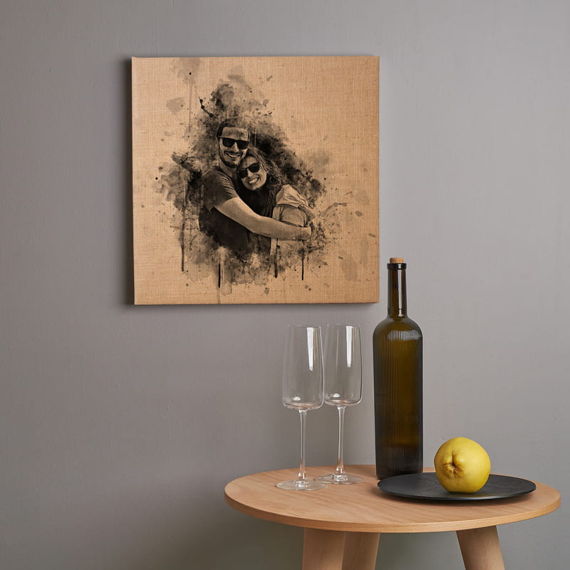 Karakalem Tasarımlı Vintage Hasır Kanvas Tablo - 40x40