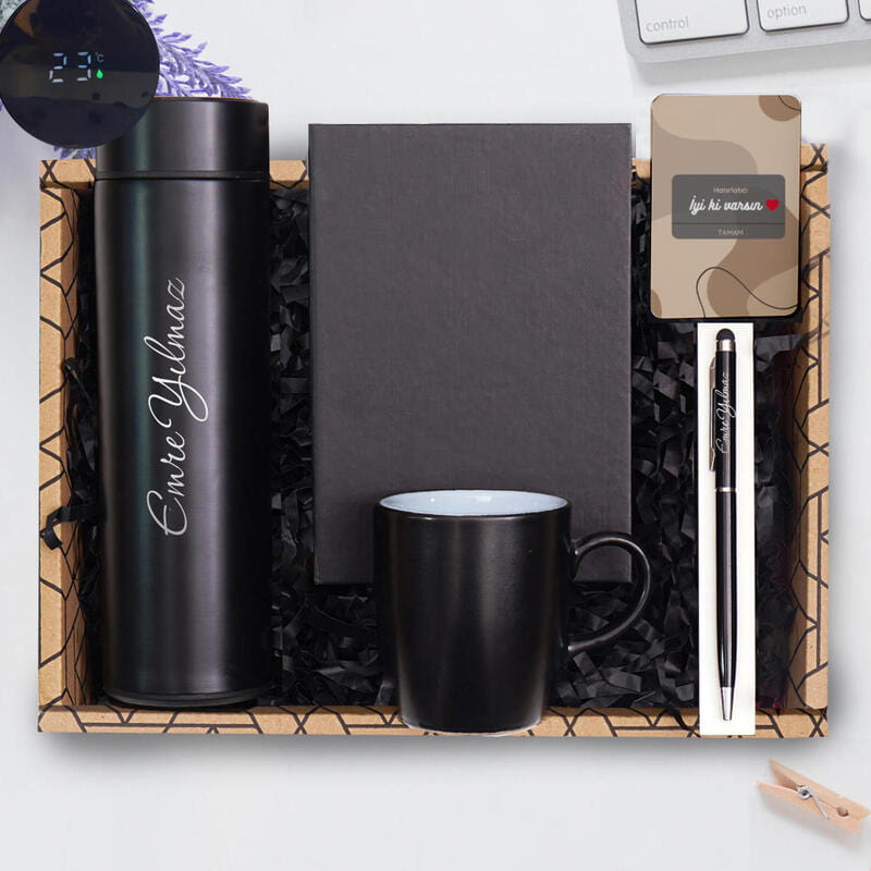 Kişiye Özel Dereceli Çelik Termos Kupa Bardak Kalem Defter Hediye Seti