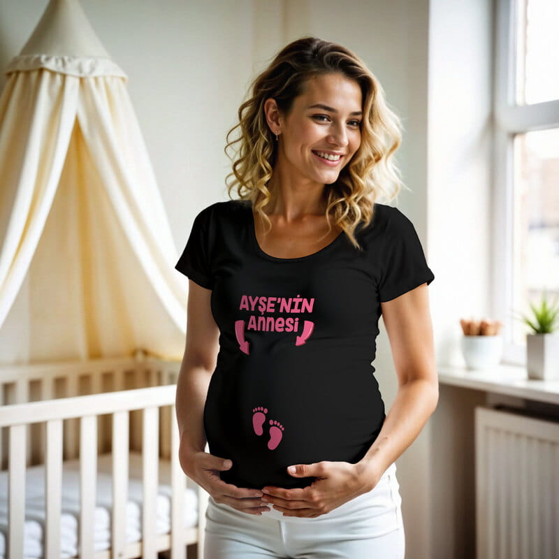 Kişiye Özel Kız Erkek Bebek İsim Yazılı Hamile Tişörtü - %100 Pamuklu Kumaş