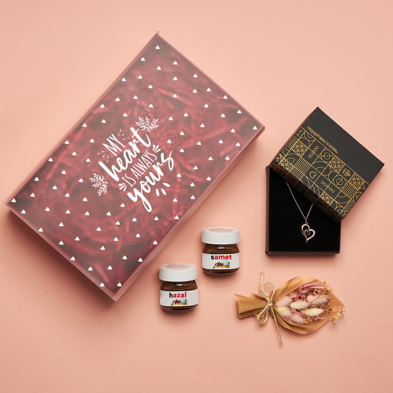 Kişiye Özel Nutella Kolye ve Çiçek Hediye Kutusu