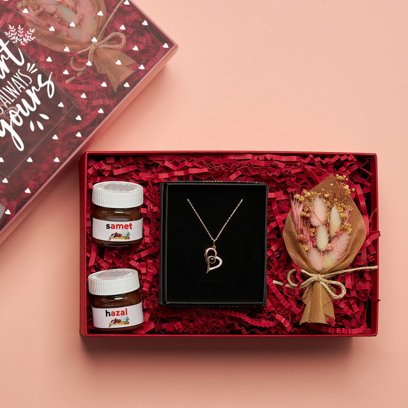 Kişiye Özel Nutella Kolye ve Çiçek Hediye Kutusu