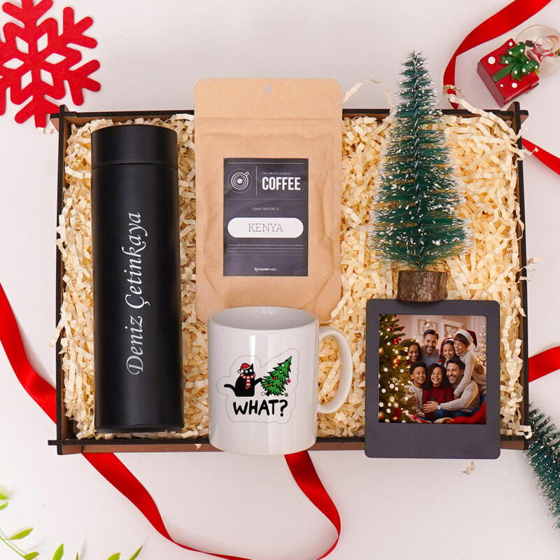 Kişiye Özel Yılbaşı Tasarımlı Dereceli Termos Filtre Kahve Kupa Çerçeve Çam Ağacı Hediye Kutusu