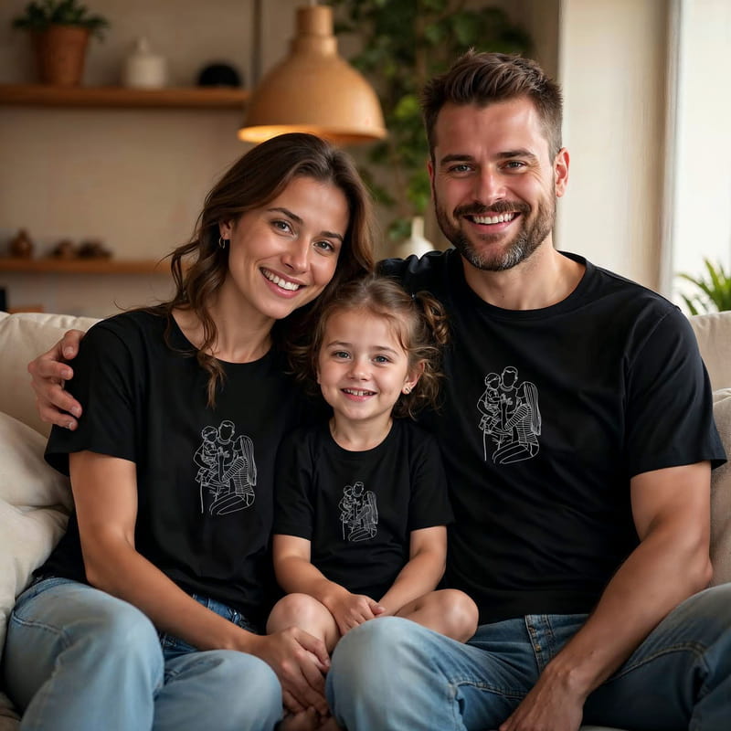 Line Art Tasarımlı 3'lü Aile Tişört Kombini