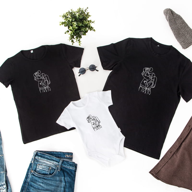 Line Art Tasarımlı Aile Kombini 3'lü Tişört Seti