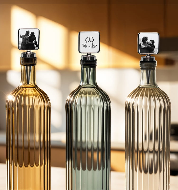 Minimal Kadeh & Fotoğraflı Baskılı 3'lü Şarap Tıpası