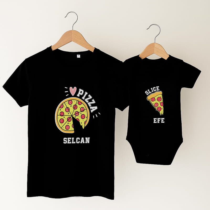 Pizza Tasarımlı Anne Tişört Çocuk Body Kombini - %100 Pamuklu Kumaş