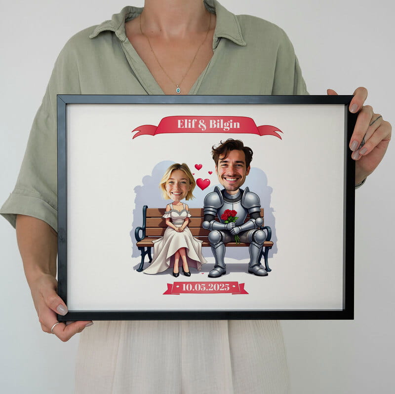 Prenses ve Şövalye Karikatürlü Kişiselleştirilebilir Çerçeve