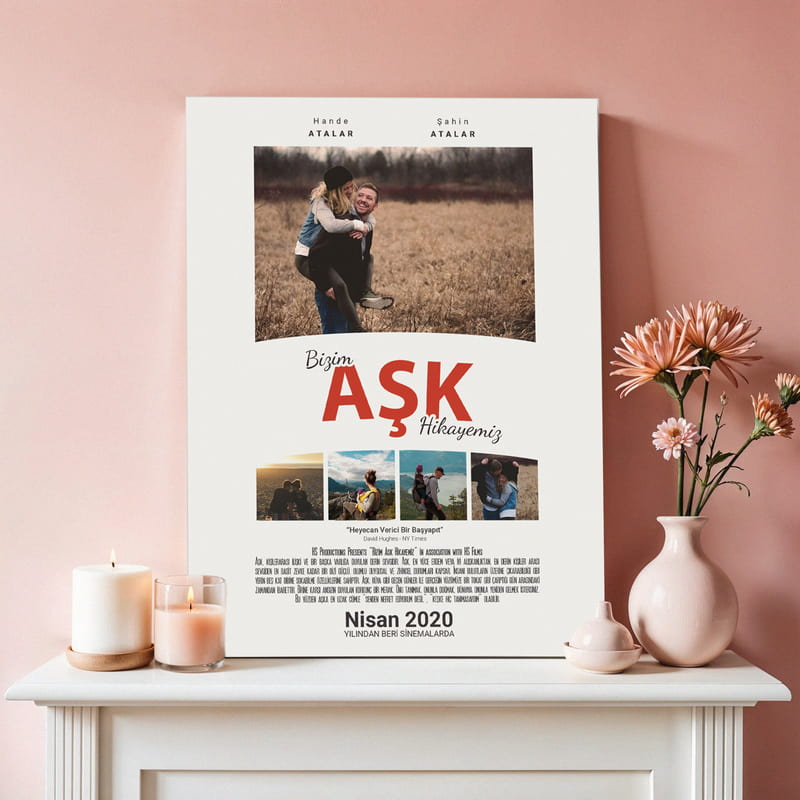 Romantik Film Afişi Fotoğraf ve İsim Özelleştirmeli 30x40 Kanvas