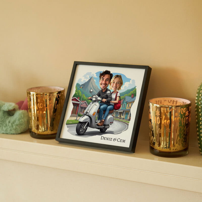 Scooter Sever Çift Karikatür Tasarımlı Çerçeve