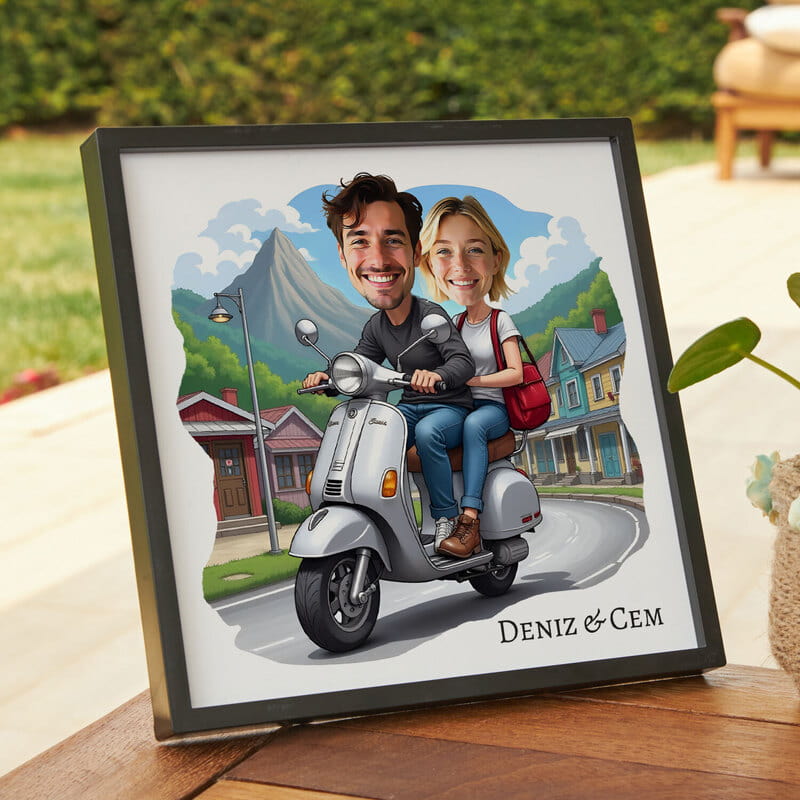 Scooter Sever Çift Karikatür Tasarımlı Çerçeve
