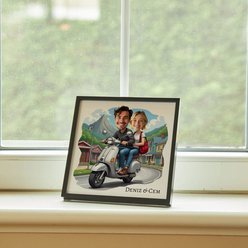 Scooter Sever Çift Karikatür Tasarımlı Çerçeve