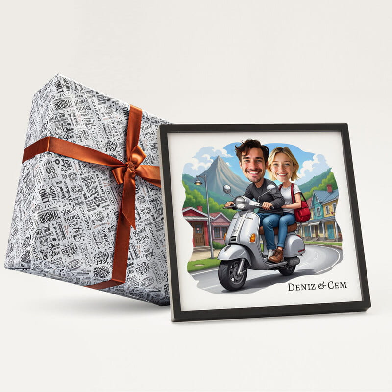 Scooter Sever Çift Karikatür Tasarımlı Çerçeve