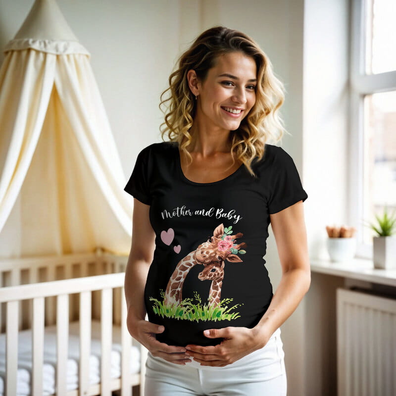 Sevimli Anne ve Bebek Zürafalar Tasarımlı Hamile Tişörtü - %100 Pamuklu Kumaş