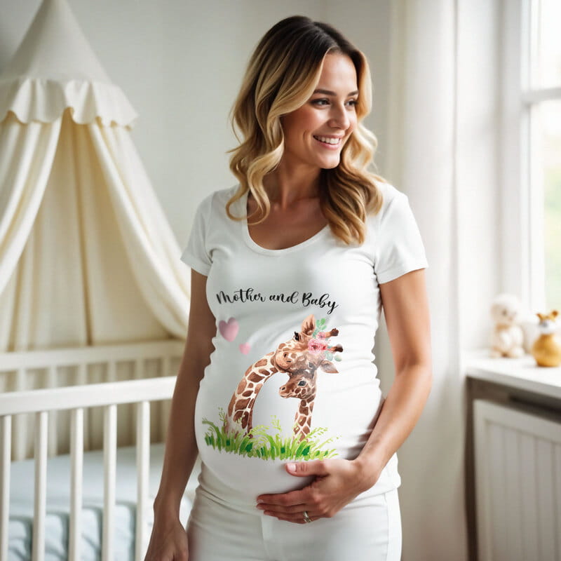 Sevimli Anne ve Bebek Zürafalar Tasarımlı Hamile Tişörtü - %100 Pamuklu Kumaş