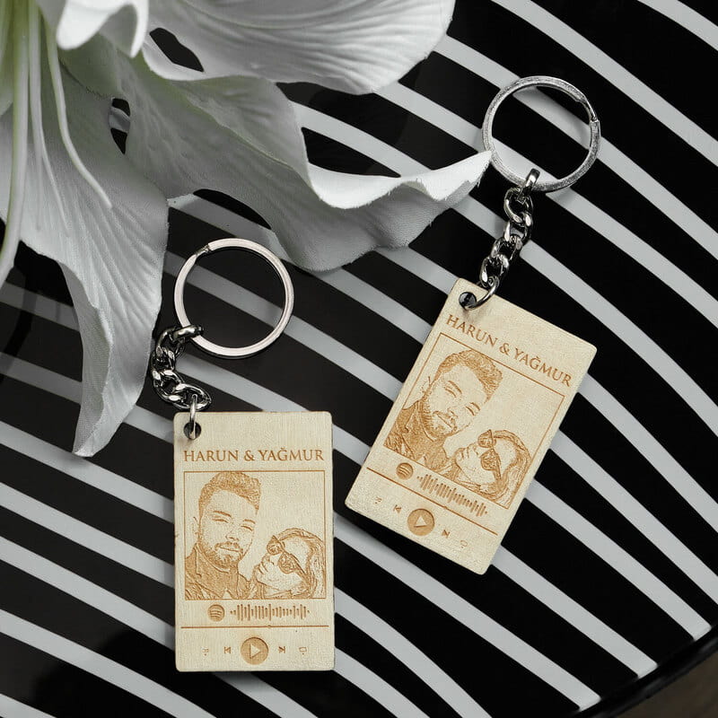 Spotify QR Kodlu Fotoğraf Özelleştirmeli 2'li Ahşap Anahtarlık