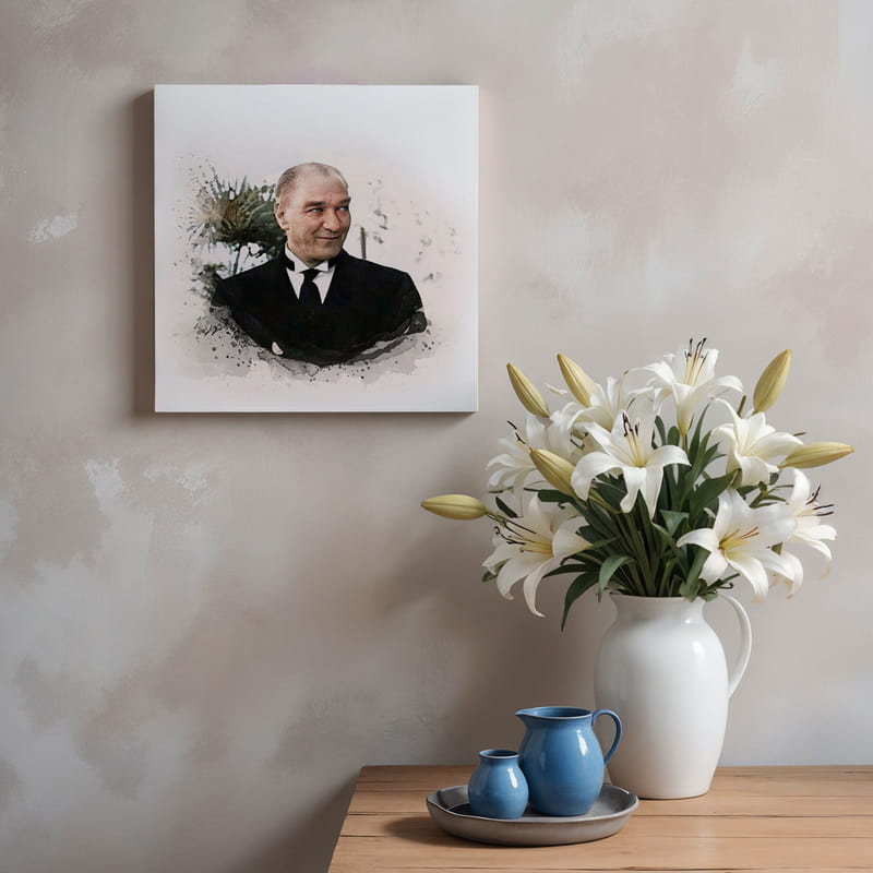 Suluboya Tasarımlı Atatürk Fotoğraf Baskılı 25x25 Kanvas Tablo