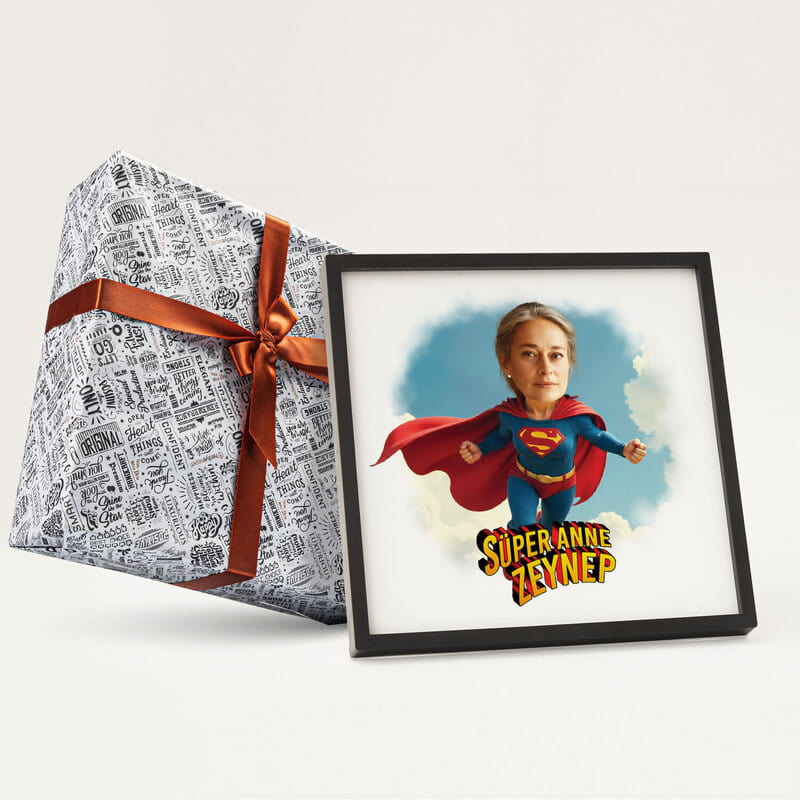 Süper Anneye Özel İsimli Karikatür Tasarım Çerçeve