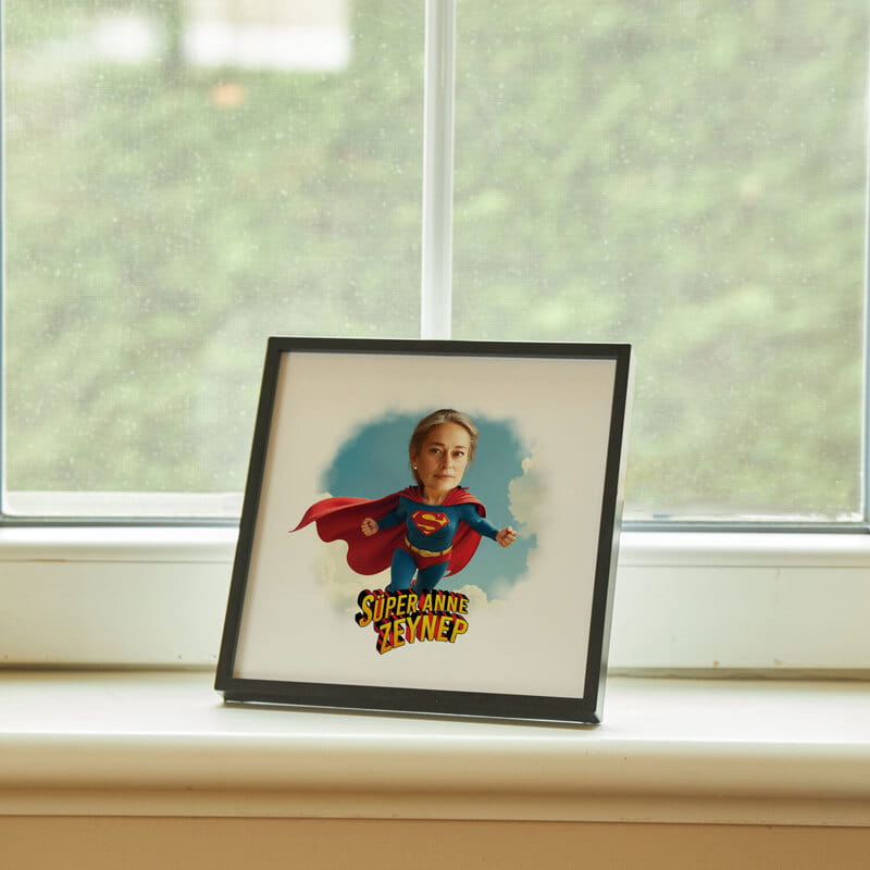 Süper Anneye Özel İsimli Karikatür Tasarım Çerçeve