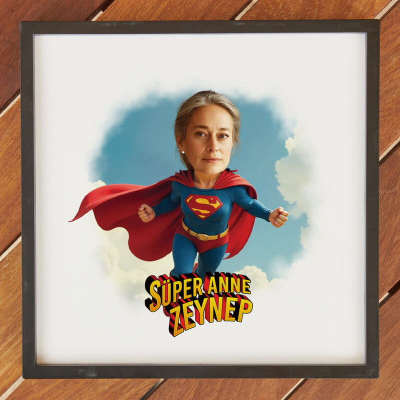 Süper Anneye Özel İsimli Karikatür Tasarım Çerçeve