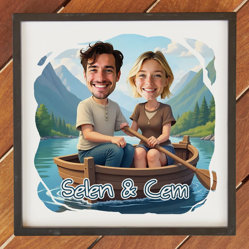 Teknede Çift Karikatürlü Hediye Fotoğraf Çerçevesi