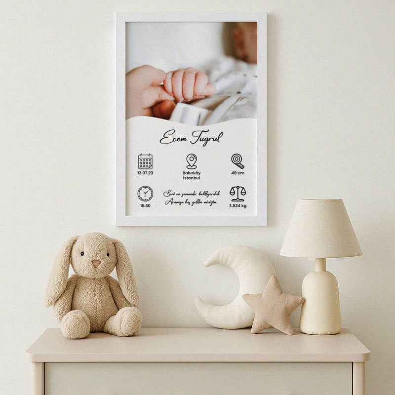 Yeni doğan Bebek Bilgileri Yazılı Kişiye Özel Bebek Odası Çerçeve