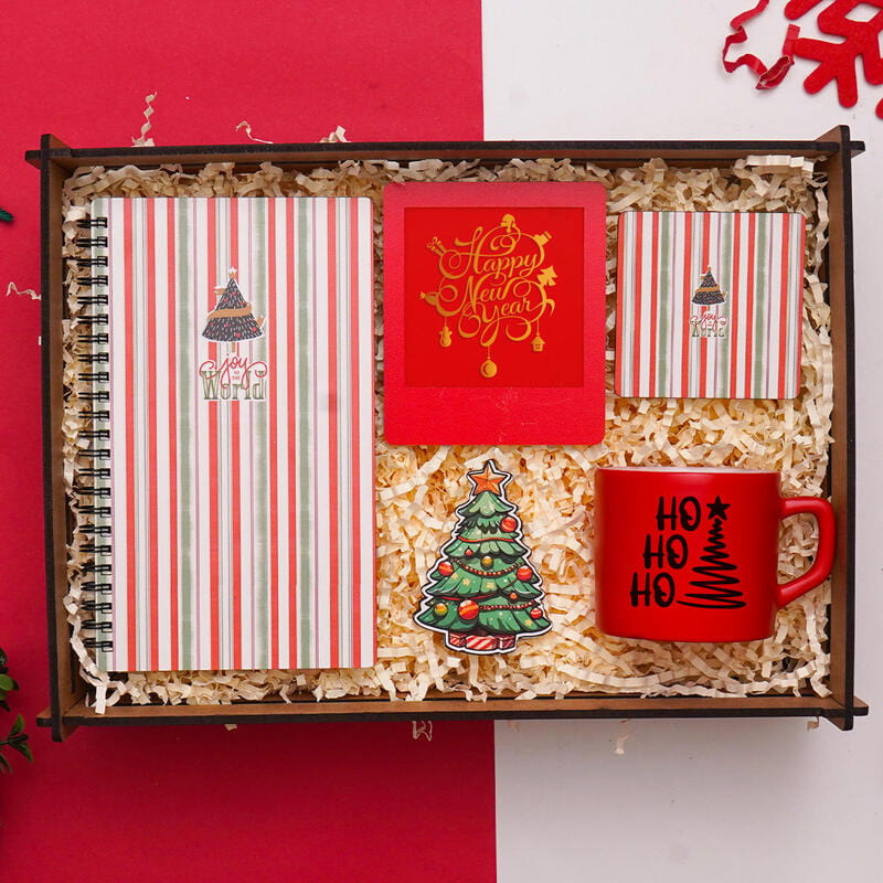 Yeni Yıl Tasarımlı Ahşap Defter Kupa Bardak Çerçeve Hediye Kutusu