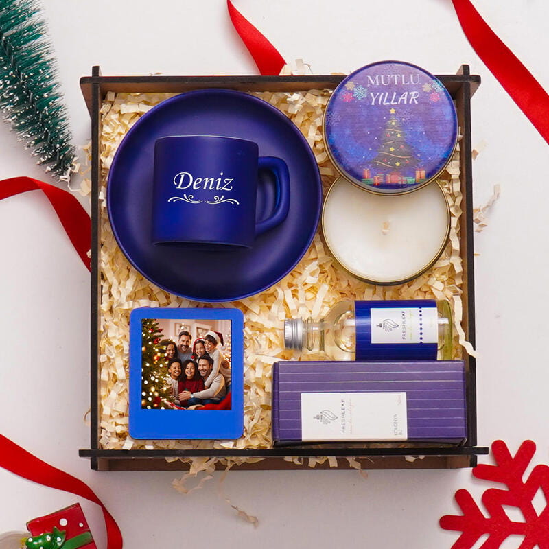Kişiye Özel Yılbaşı Fincan Takımı Fotoğraf Çerçevesi Mum Kolonya Hediye Kutusu