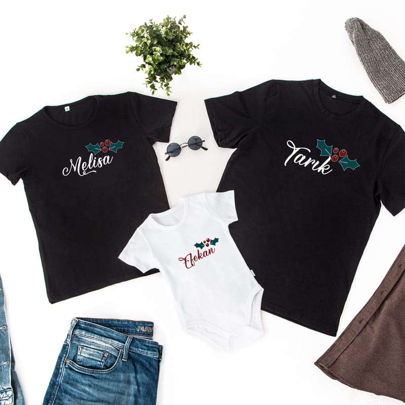 Yılbaşı Temalı İsme Özel 3'lü Aile Tişört Kombini