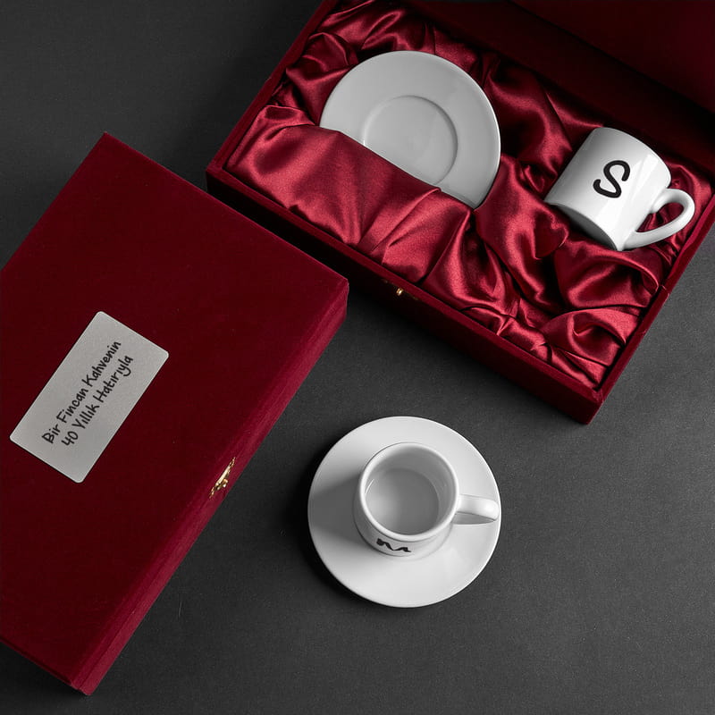 2'li Türk Kahvesi Fincan Seti - Özel Kutusunda Harf & Mesajlı