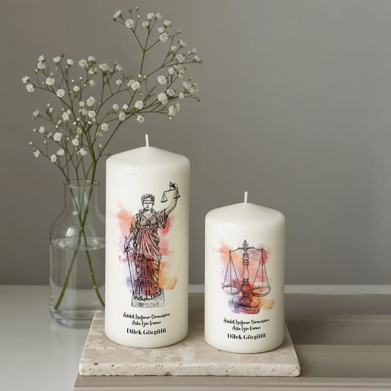 Adalet Tasarımlı İsim ve Mesaj Yazılı Taş Altlıklı 2li Mum Seti