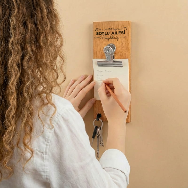 Aile Soyadına Özel Not Tutacaklı Anahtar Askılığı