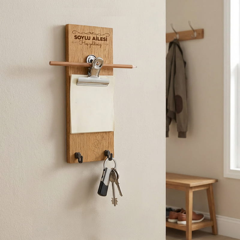 Aile Soyadına Özel Not Tutacaklı Anahtar Askılığı