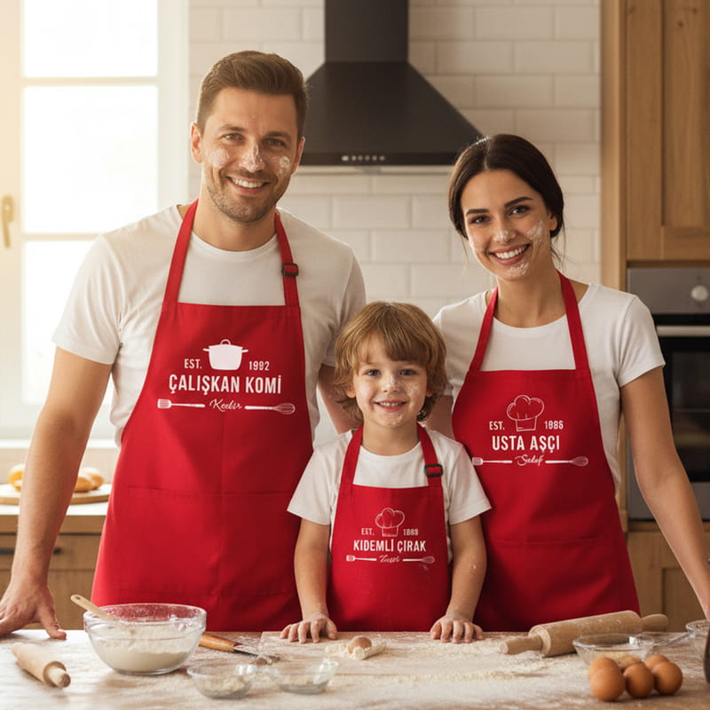 Anne Baba Çocuk Kombini Hediye 3'lü Mutfak Önlüğü