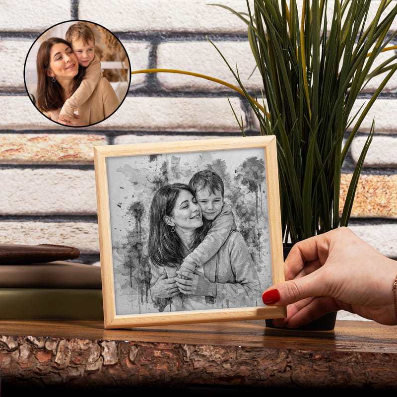 Anneye Hediye Karakalem Tasarımlı Ahşap Tablo