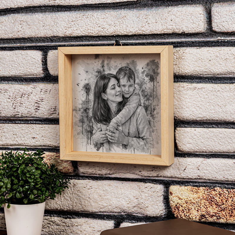 Anneye Hediye Karakalem Tasarımlı Ahşap Tablo