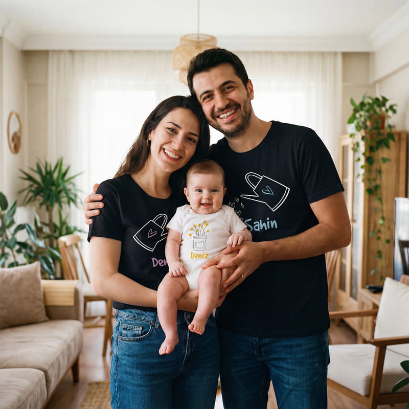 Aşkımızın Meyvesi 3'lü Aile Tişört Bebek Body Kombini - %100 Pamuklu Kumaş