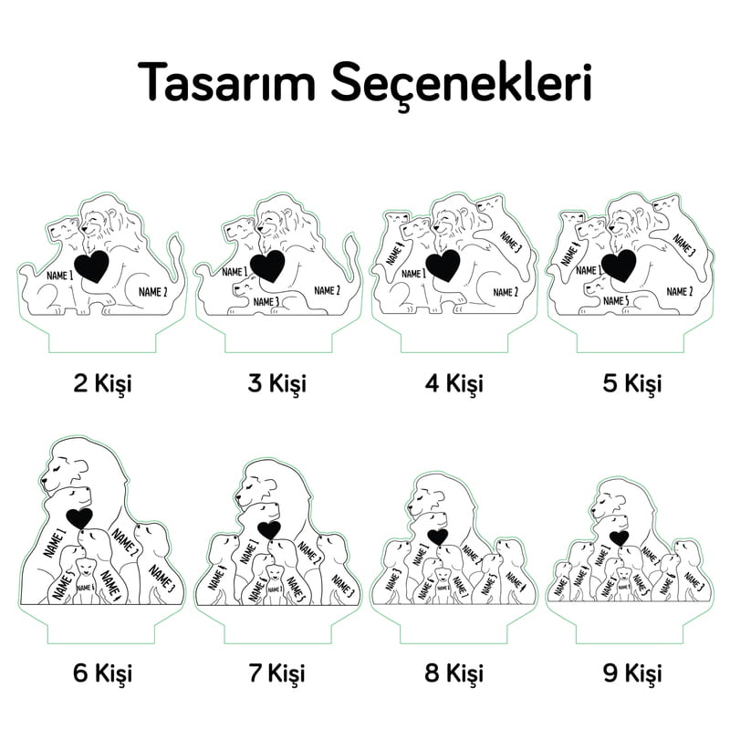 Aslan Ailesi Figürlü İsimli Led Lamba - Kişi Seçenekli