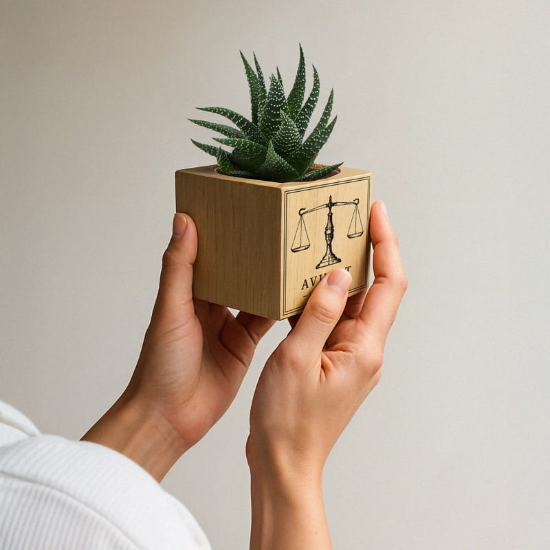 Avukata Hediye Adalet Terazisi İsme Özel Baskılı Sukulent Naturacube
