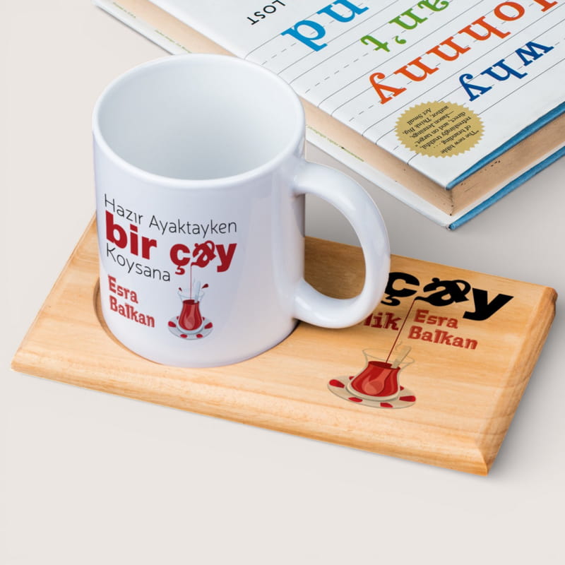 Çay Koliklere Özel Esprili Ahşap Tablalı Kupa