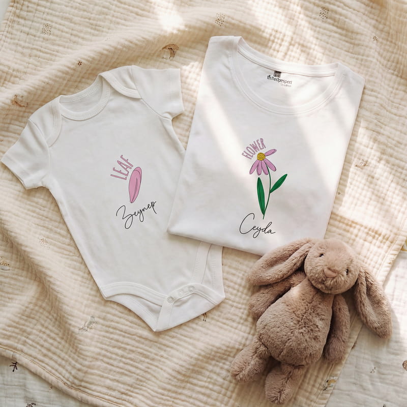 Çiçek Tasarımlı İsime Özel Anne Tişört Bebek Body Kombini