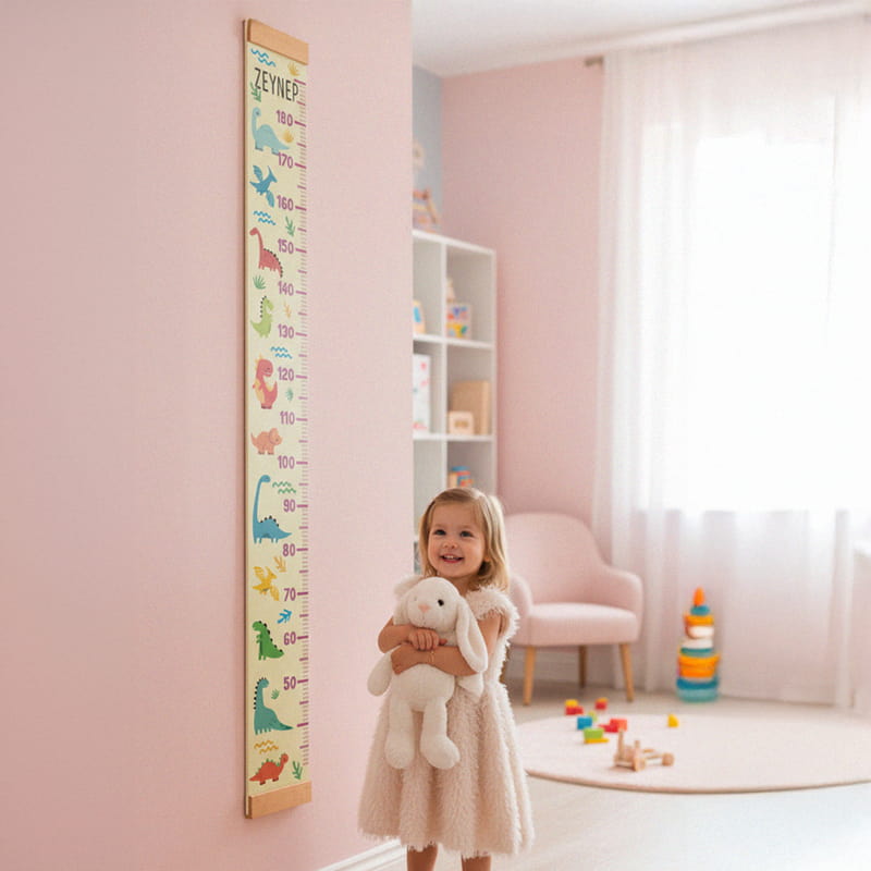 Çocuklara Doğum Günü Hediyesi Renkli Dinozorlar Duvar Cetveli