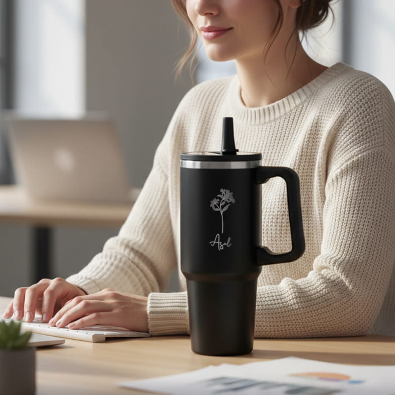 Doğum Çiçeği İsimli Siyah Termos Kupa