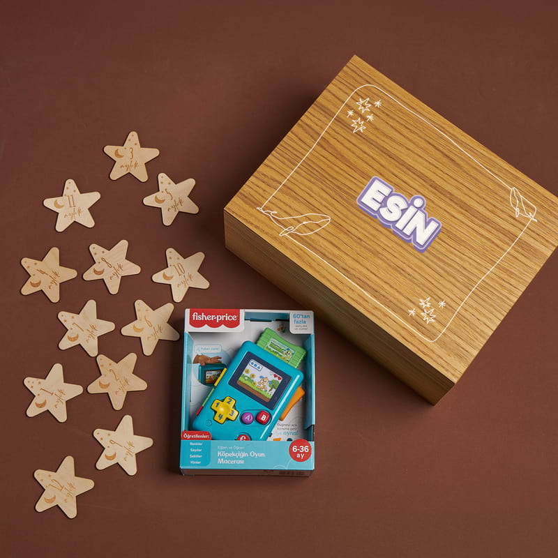 Eğitici Oyuncaklı İsme Özel Ahşap Oyuncak Kutusu