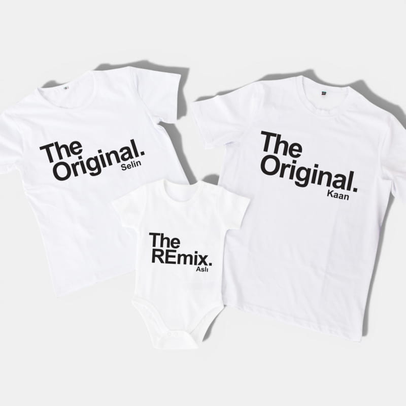 Eğlenceli İsim Yazılı 3'lü Aile Tişört Bebek Body Kombini - %100 Pamuklu Kumaş