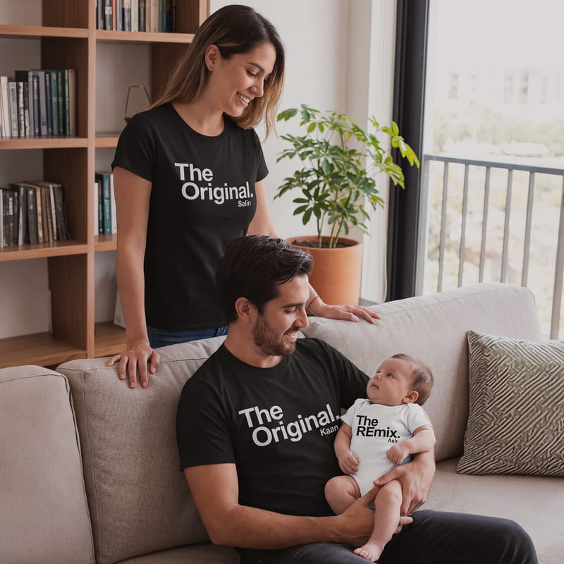 Eğlenceli İsim Yazılı 3'lü Aile Tişört Bebek Body Kombini - %100 Pamuklu Kumaş